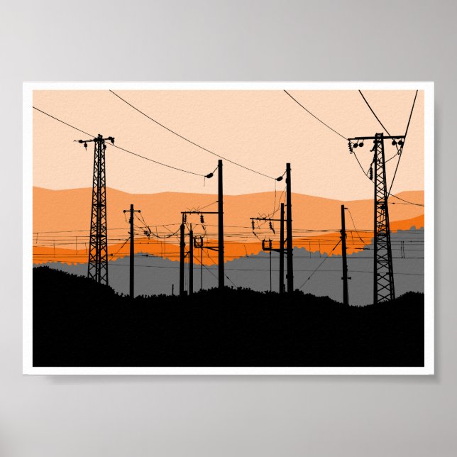  Industrial Sunset Silhouette Power Lines  Poster (Vorne)
