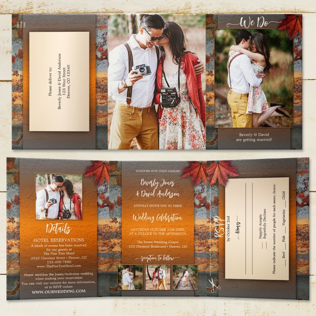 Industrielle Hochzeit im Herbst Dreifach Gefaltete Einladung (Tri-fold wedding invitation featuring your photos framed by an industrial rustic autumn design)