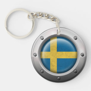 Industrielle schwedische Flagge mit Stahlgraphik Schlüsselanhänger