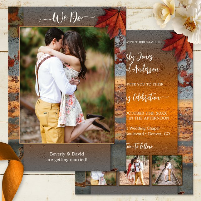 Industrielles Hochzeitsfest im Herbst-Foto Einladung (Unique wedding invitation featuring 4 of your photos framed by an industrial rustic autumn design)