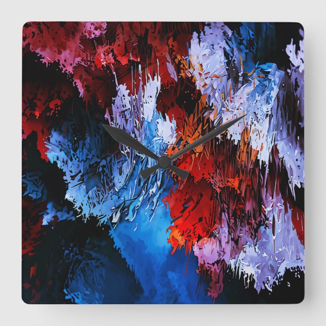 Inferno Blauer Rot Moderne Abstrakte Kunst Quadratische Wanduhr (Vorderseite)