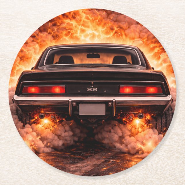 Inferno Burnout Muscle Car Runder Pappuntersetzer (Vorderseite)