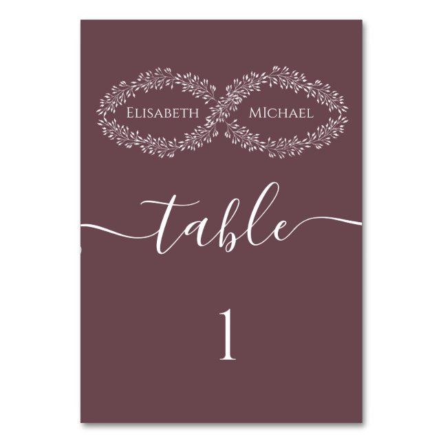 Infinity burgundy botanische romanische elegant tischnummer (Vorderseite)