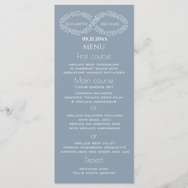 Infinity dusty blue botanic romantic elegant menükarte (Vorderseite)