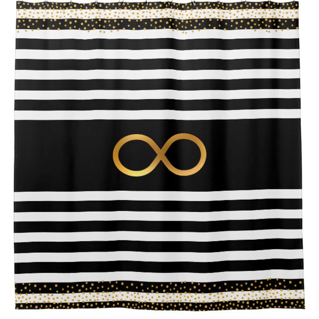 Infinity Symbol & Gold Confetti auf Schwarz & Weiß Duschvorhang (Vorderseite)
