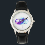 Infinity with Purple Feather Armbanduhr<br><div class="desc">Infinity symbol with a beautiful feather painted in purple and blue bright colors on white background.</div>
