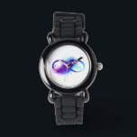 Infinity with Purple Feather Armbanduhr<br><div class="desc">Infinity symbol with a beautiful feather painted in purple and blue bright colors on white background.</div>