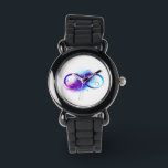Infinity with Purple Feather Armbanduhr<br><div class="desc">Infinity symbol with a beautiful feather painted in purple and blue bright colors on white background.</div>