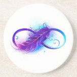 Infinity with Purple Feather Getränkeuntersetzer<br><div class="desc">Infinity symbol with a beautiful feather painted in purple and blue bright colors on white background.</div>