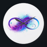 Infinity with Purple Feather Große Wanduhr<br><div class="desc">Infinity symbol with a beautiful feather painted in purple and blue bright colors on white background.</div>