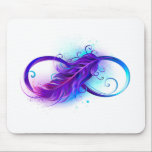 Infinity with Purple Feather Mousepad<br><div class="desc">Infinity symbol with a beautiful feather painted in purple and blue bright colors on white background.</div>