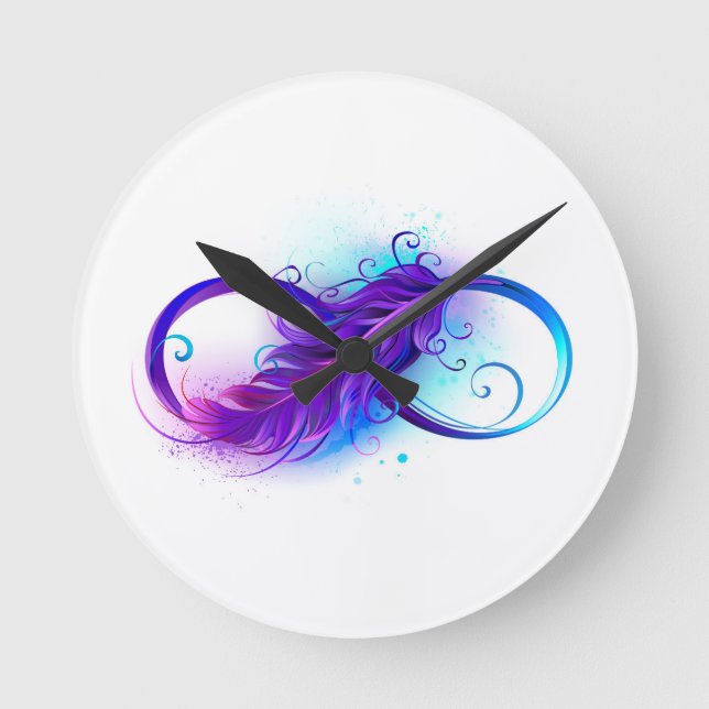 Infinity with Purple Feather Runde Wanduhr (Vorderseite)