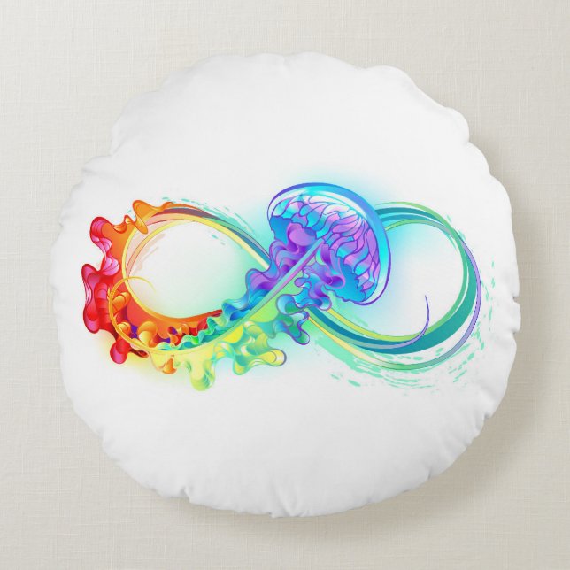 Infinity with Rainbow Jellyfish Rundes Kissen (Vorderseite)