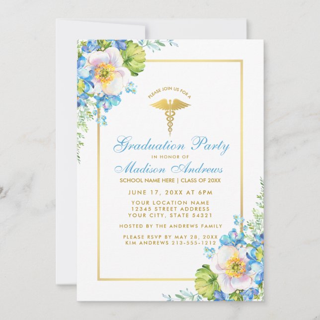 Infirmière Blue Floral Gold Grad Party Invitation  (Devant)