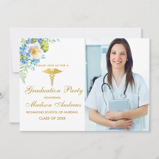 Infirmière Blue Floral Grad Party Invitation Gold (Devant)