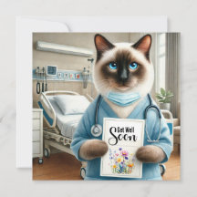 Infirmière chat avec fleur et carte de bon rétabli