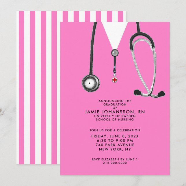 Infirmière diplômés Pink Party Invitations (Devant / Derrière)
