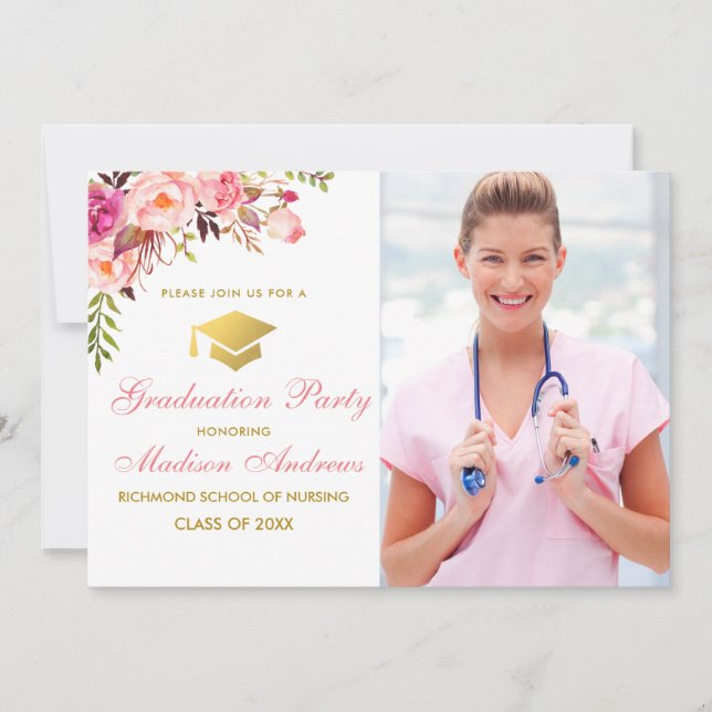 Infirmière Floral Rose Grad Party Invitation (Devant)