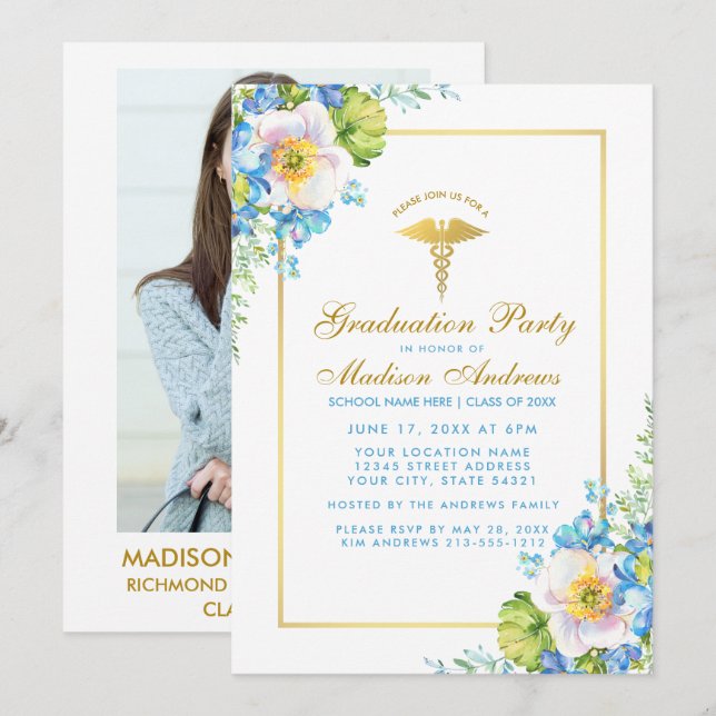 Infirmière Gold Blue Grad Party Invitation - Photo (Devant / Derrière)