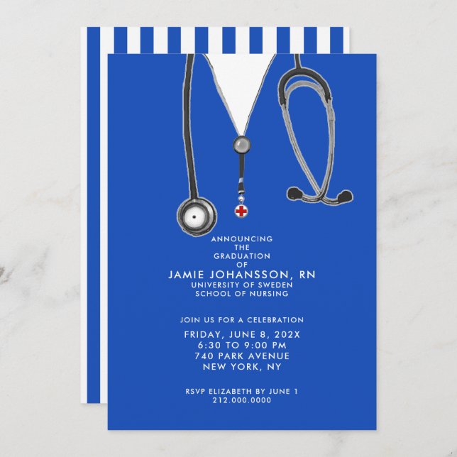 Infirmière Graduation Blue Party Invitations (Devant / Derrière)