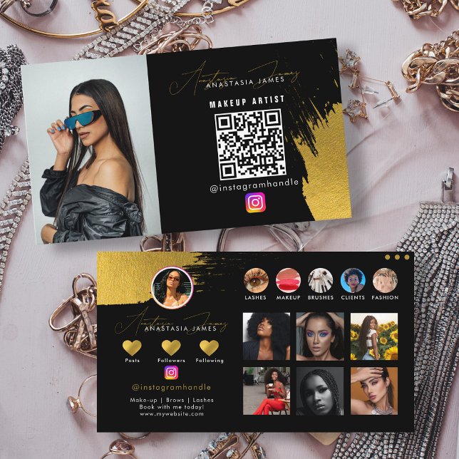 Influencer Black & Gold Social Media QR-Code Visitenkarte (Influencer Black & Gold Social Media QR Code Business Card)