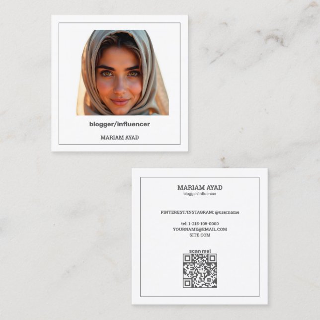 Influencer Blogger Custom QR & Foto Quadratische Visitenkarte (Vorne/Hinten)