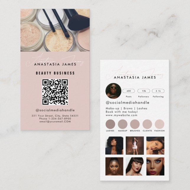 Influencer Esthetician Social Media QR Code Rosa Visitenkarte (Vorne/Hinten)