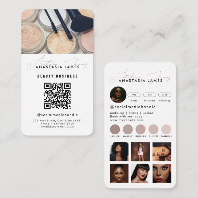 Influencer Esthetician Social Media QR Code White Visitenkarte (Vorne/Hinten)