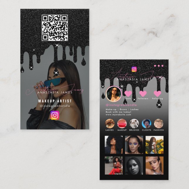 Influencer-Foto Fütterte Social Media Black Glitze Visitenkarte (Vorne/Hinten)