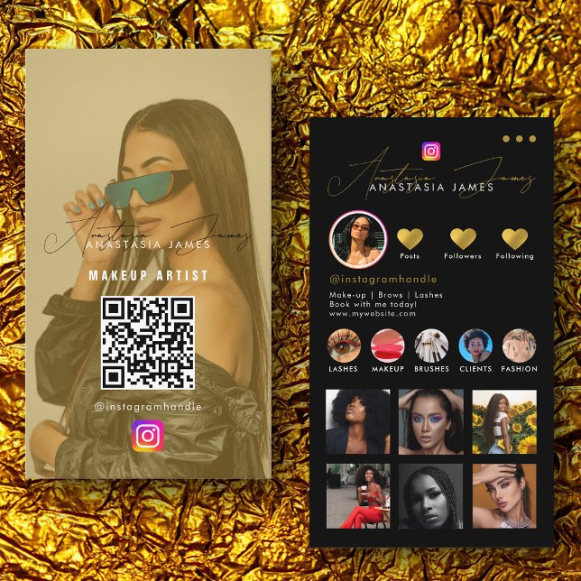 Influencer-Foto Füttre Social Media QR-Code Gold Visitenkarte (Influencer Photo Feed Social Media QR Code Gold Business Card)