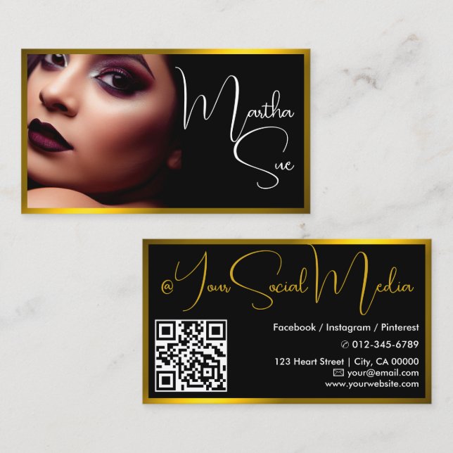Influencer Model Yellow Black Foto QR-Code Visitenkarte (Vorne/Hinten)