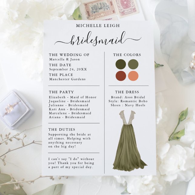 Info Carte Bridesmaid Détails Olive, Terracotta (Créateur téléchargé)