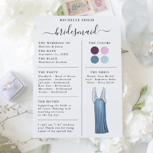 Info Carte Bridesmaid Détails Plum, Lavande, Bleu
