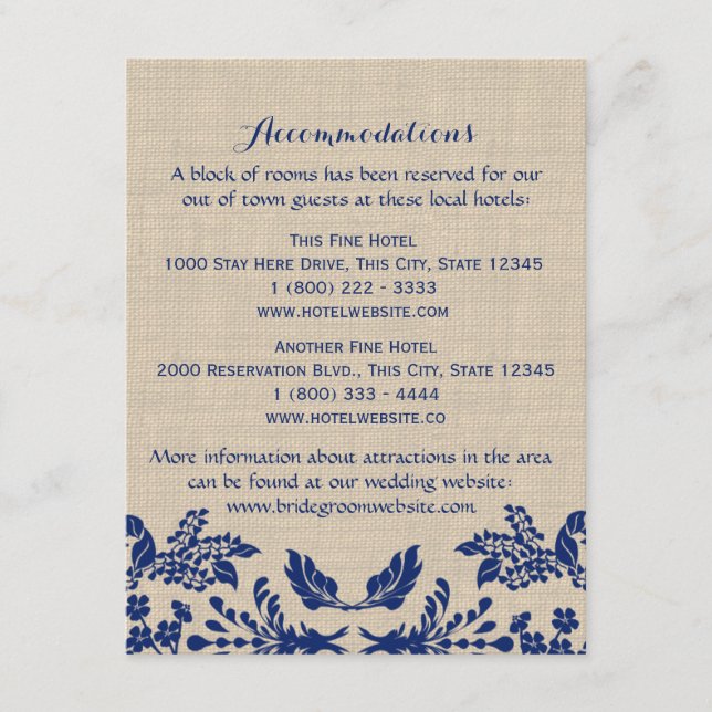 Info-Karte für Country Garden Blue und Burlap Begleitkarte (Vorderseite)