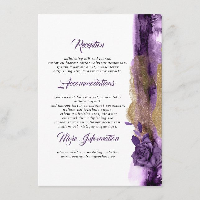 Informationen für Hochzeiten mit Plum und Gold Flo Begleitkarte (Vorderseite)