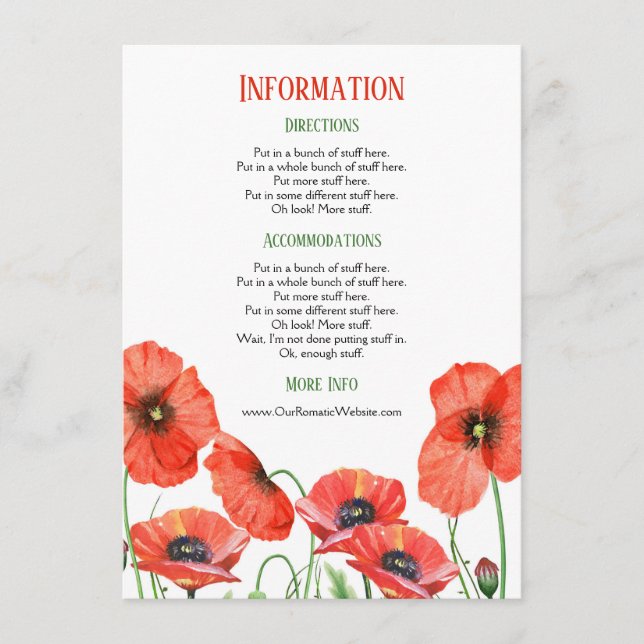 Informationen zu Blumenhochzeiten für Poppies Begleitkarte (Vorderseite)