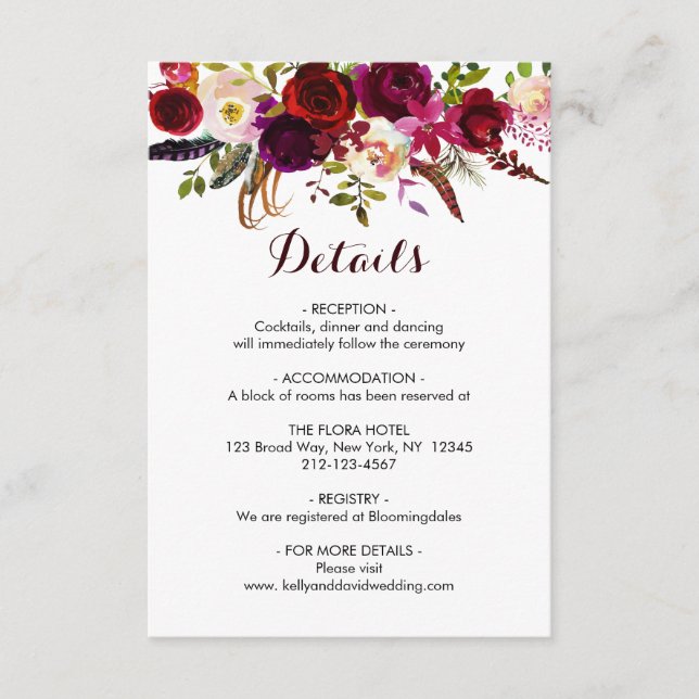 Informationen zu Boho Burgundy Marsala Floral Wedd Begleitkarte (Vorderseite)