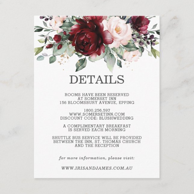 Informationen zu Burgundy Floral Wedding Begleitkarte (Vorderseite)