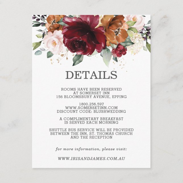 Informationen zu Burgundy Floral Wedding Begleitkarte (Vorderseite)