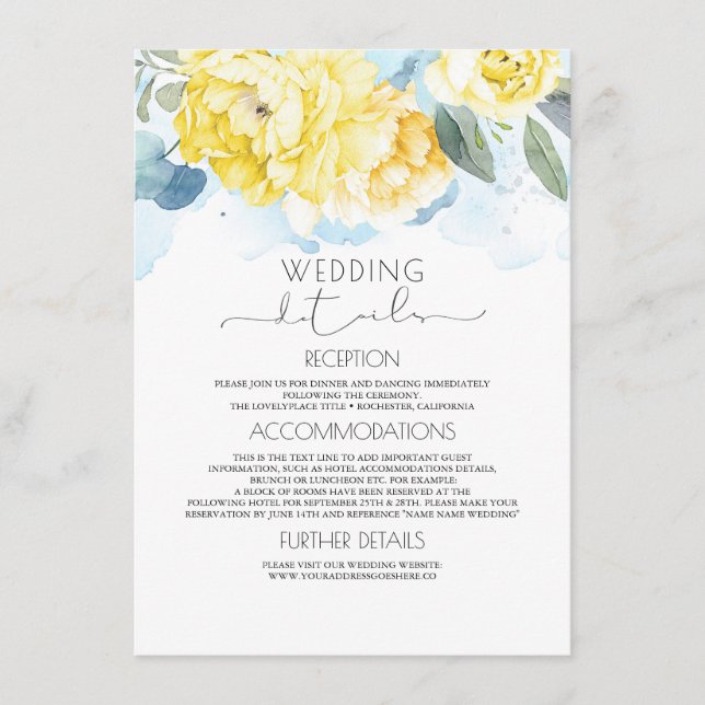 Informationen zu Hochzeiten in blau und gelb Begleitkarte (Vorderseite)