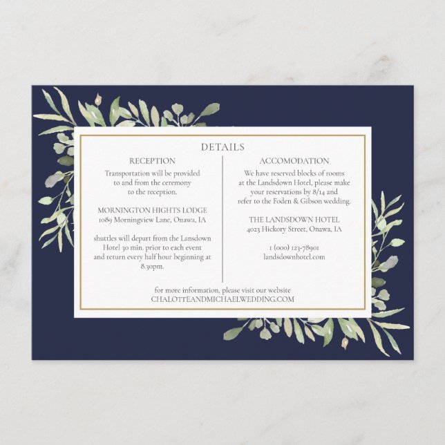Informationen zu Hochzeiten in blauen Grünpflanzen Begleitkarte (Vorderseite)