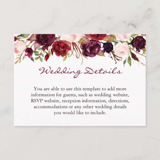 Informationen zu Hochzeiten in Burgundy Marsala Re Begleitkarte (Vorderseite)