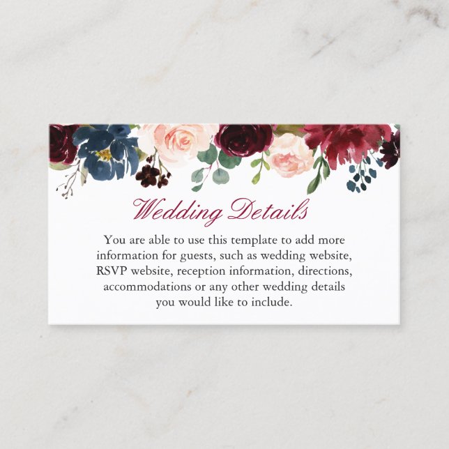 Informationen zu Hochzeiten in Burgundy Red Navy B Visitenkarte (Vorderseite)
