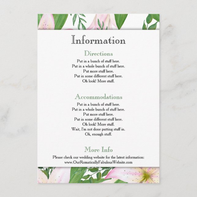 Informationen zu Hochzeiten in Rosa Lily Floral Begleitkarte (Vorderseite)