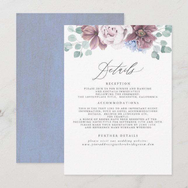 Informationen zu Hochzeiten von Mauve und Dusty Bl Begleitkarte (Vorne/Hinten)