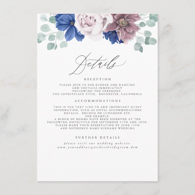 Informationen zu Hochzeiten von Mauve und Navy Blu Begleitkarte (Vorderseite)