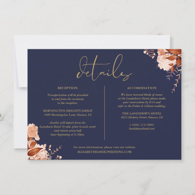 Informationen zu Hochzeiten von Navy und Gold Flor Einladung (Vorderseite)