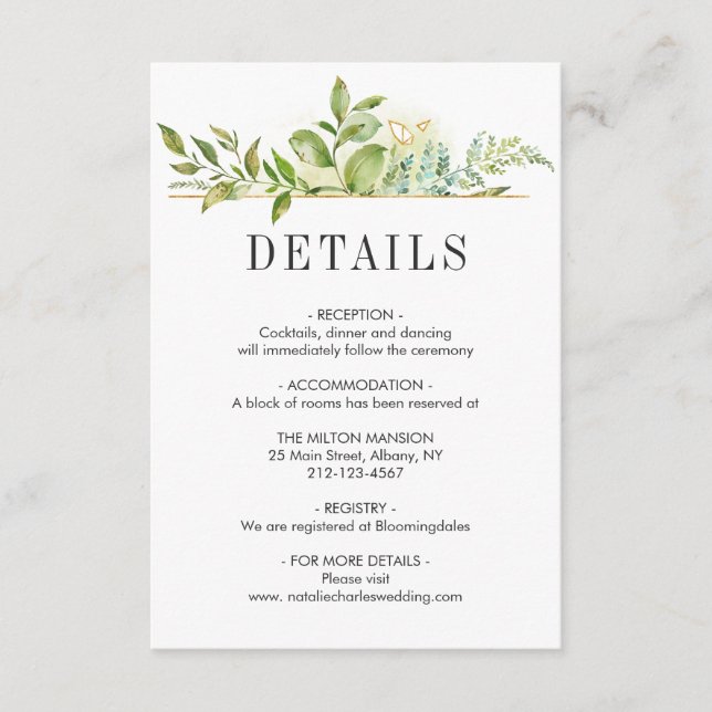 Informationen zu Hochzeitssendungen in Wild Green  Begleitkarte (Vorderseite)