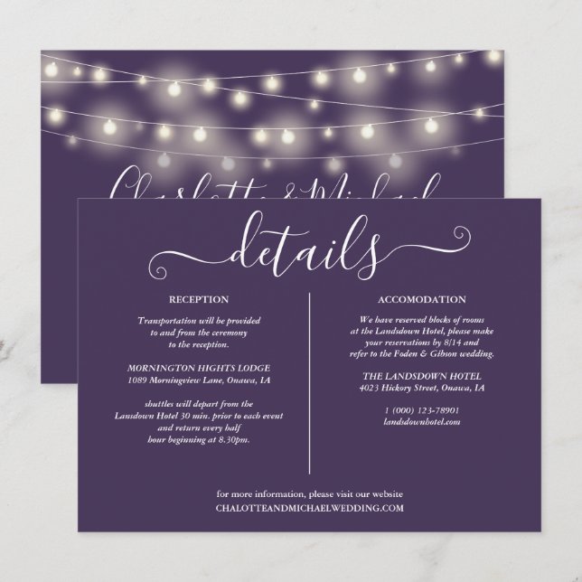 Informationen zu Lila Hochzeiten von String Lights Einladung (Vorne/Hinten)
