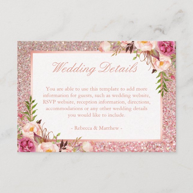 Informationen zu Rosa Rose Gold Glitzer Hochzeiten Begleitkarte (Vorderseite)